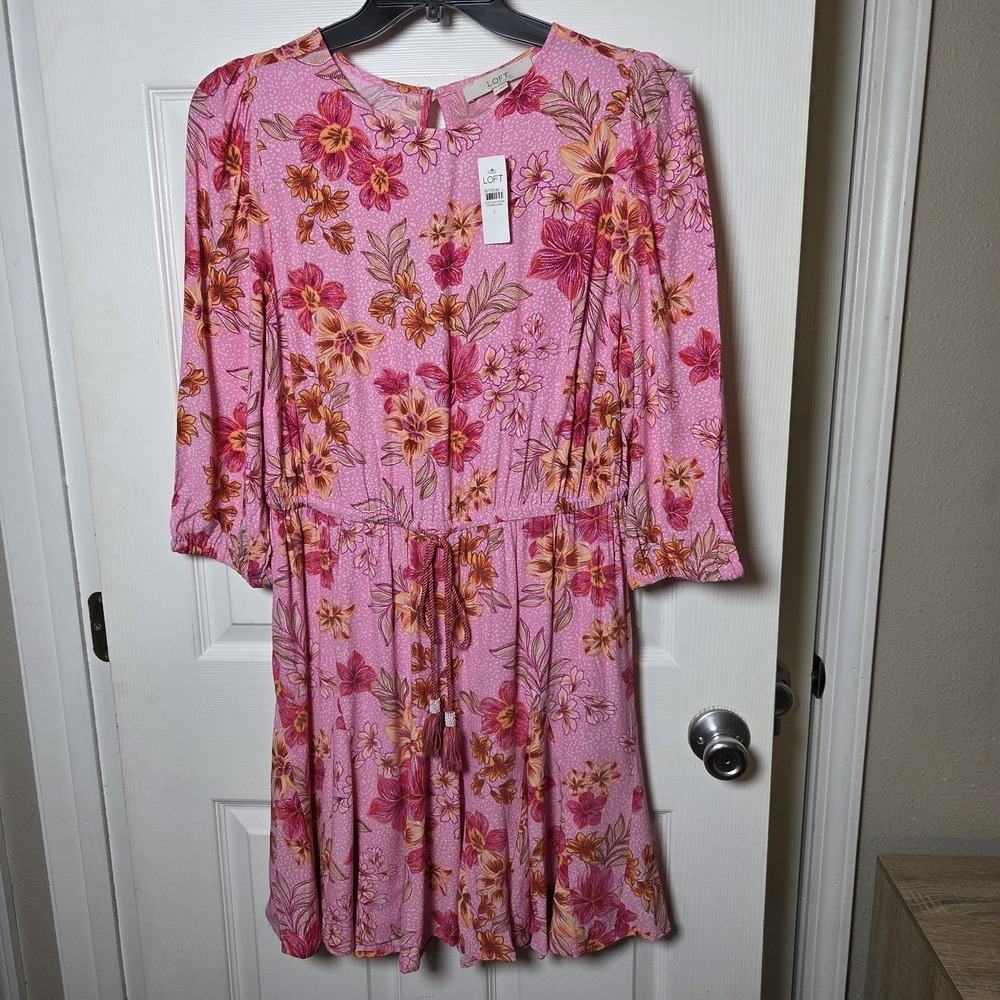 Loft sz L pink floral swing dress NWT feminine garden boho casual 100% viscose